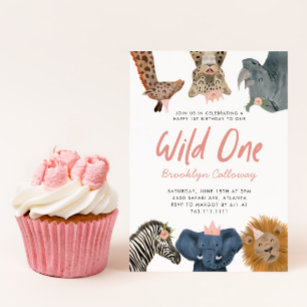 Wild One Safari Theme Girl's First Birthday Party Invitation