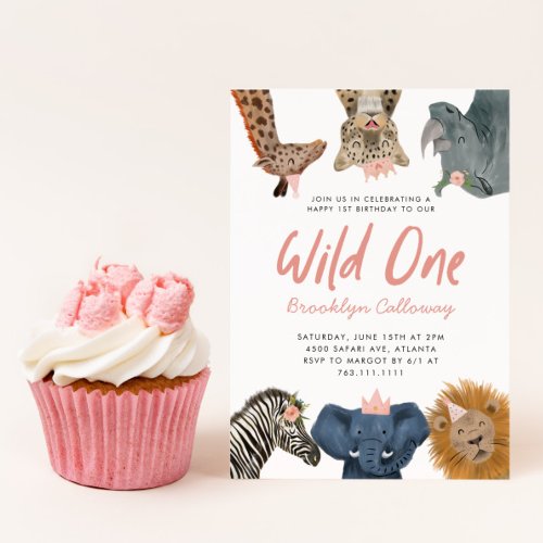 Wild One Safari Theme Girls First Birthday Party Invitation