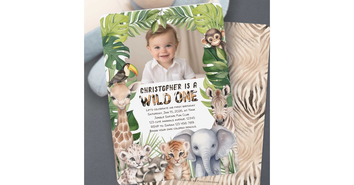 Wild one Safari themed 1st birthday photo Invitation