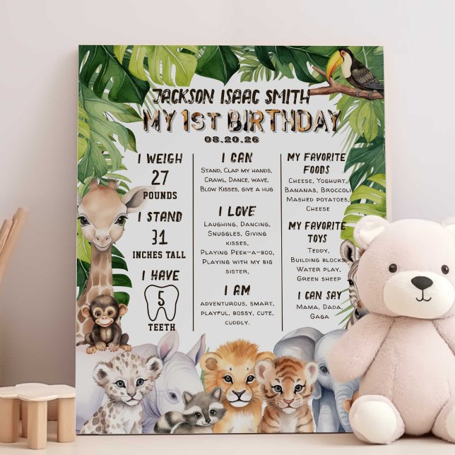 Wild one Safari Themed Boy 1st birthday Milestone Foam Board (Safari animals themed baby boy 1st birthday stats milestone poster board nursery wall art decor.)