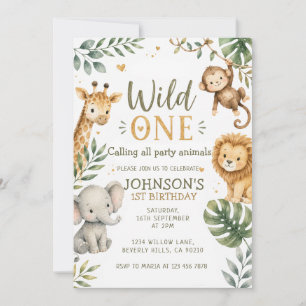 Wild One Safari Tropical Animal Boy 1st Birthday Invitation