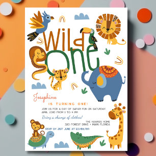 Wild one safari wild animals kids birthday invitation