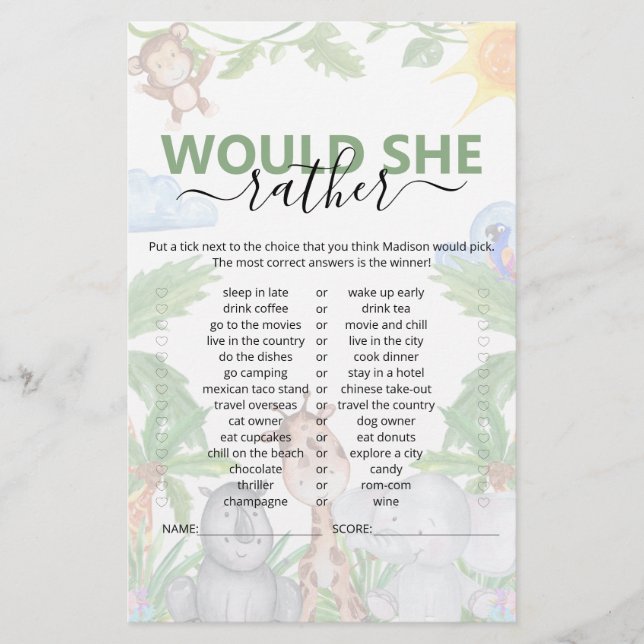 Wild One Safari Would She Rather Baby Shower Game (Front)