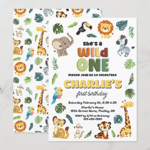 Wild One Safari Zoo Animal Birthday Party, Girls Invitation