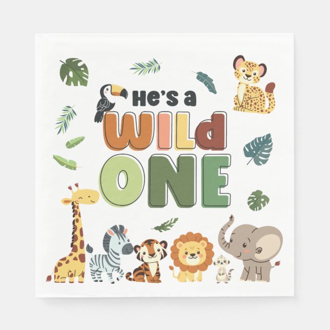 Wild One Safari Zoo Animal Birthday Party Napkins (Front)