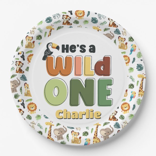 Wild One Safari Zoo Animal Birthday Party Paper Plates (Front)