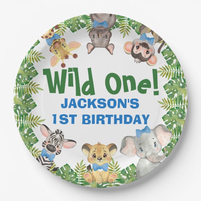 Wild One Safari Zoo Animals Boy First Birthday Paper Plates (Front)