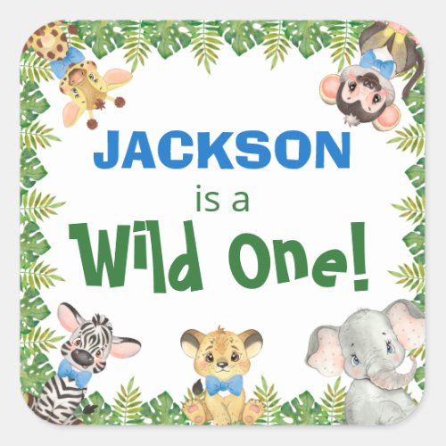 Wild One Safari Zoo Animals Boy First Birthday Square Sticker