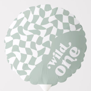 Wild One Sage Green & White Checkerboard Balloon