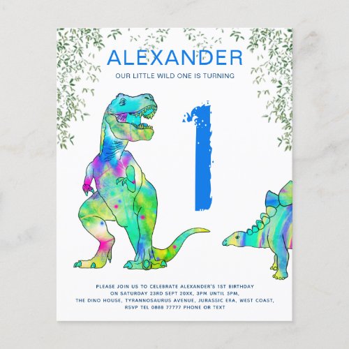 Wild One T Rex 1st Birthday Party Invitation blue Flyer