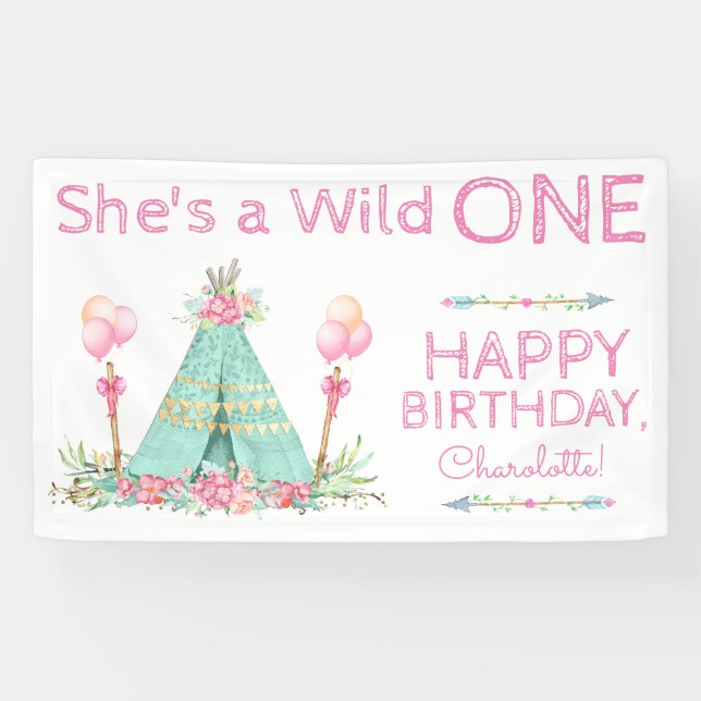 Wild One TeePee 1st Birthday Birthday Banner (Horizontal)