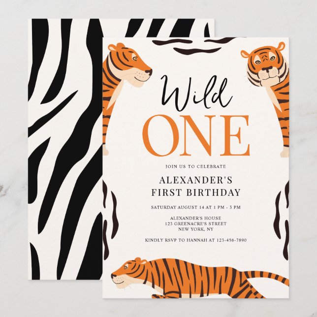 Wild One Tiger 1st Birthday Party Invitation (Front/Back)