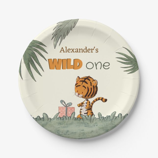 Wild One Tiger Jungle First Birthday Paper Plates (Front)