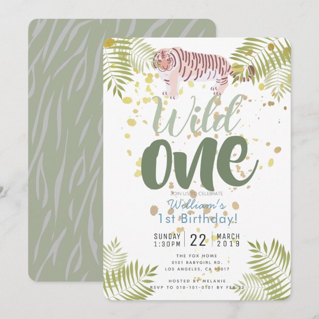 Wild One Tiger Khaki Green 1st Birthday Invitation (Front/Back)
