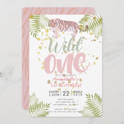 Wild One Tiger Pink Girl 1st Birthday Invitation