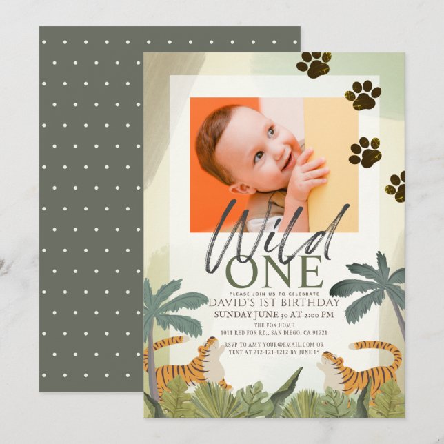 Wild One Tiger Safari Jungle 1st Birthday Photo Invitation (Front/Back)