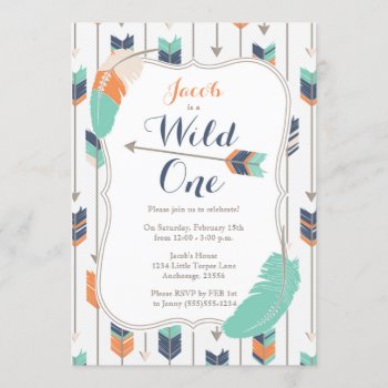 Wild One Tribal Arrows Birthday Party Blue Green Invitation by prettypicture at Zazzle