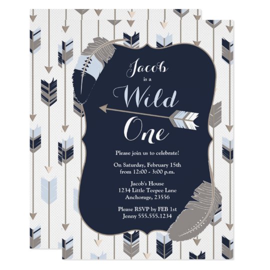 Wild One Tribal Arrows Birthday Party Blue Grey Invitation Zazzle Com