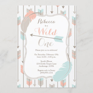 Wild ONE Tribal Arrows Birthday Party Pink Grey Invitation