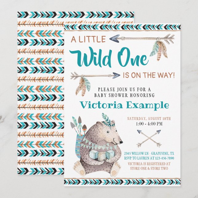 Wild One Tribal Bear Baby Shower Invitations (Front/Back)