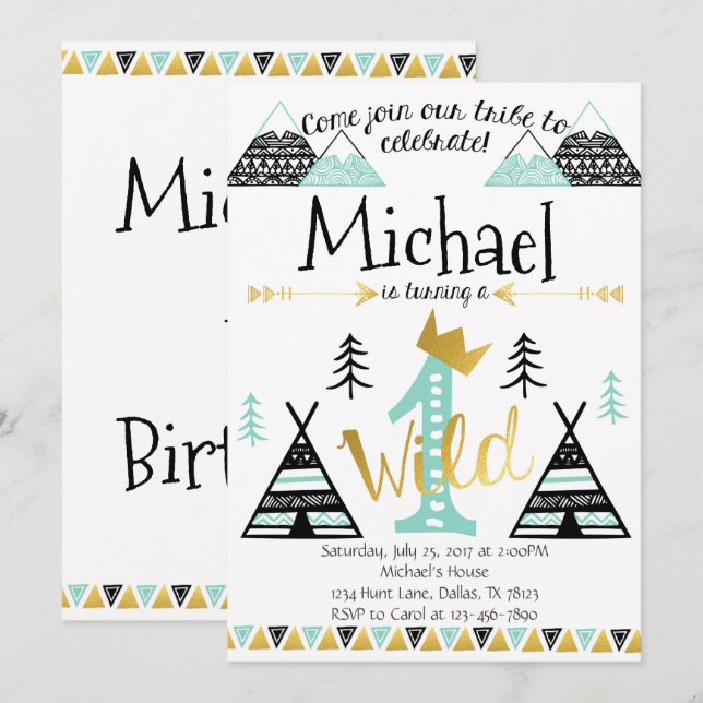 Wild One Tribal Birthday Party Invitation Boy (Front/Back)