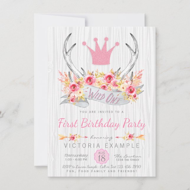Wild One Tribal Boho Princess Antler Invitation (Front)