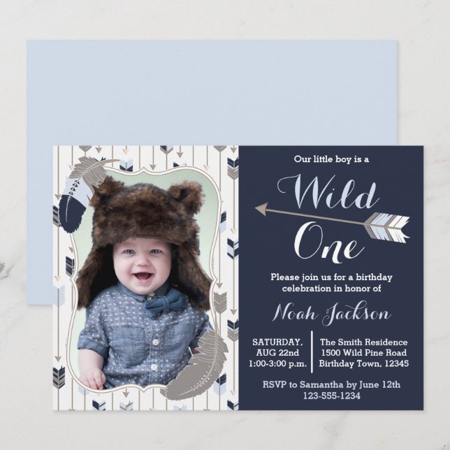 Wild One Tribal First Birthday Blue Photo Invitation (Front/Back)
