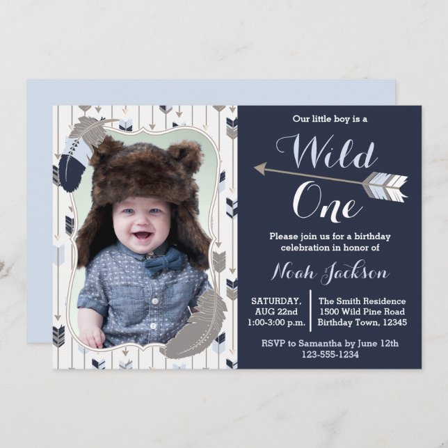 Wild One Tribal First Birthday Blue Photo Invitation (Front/Back)