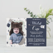 Wild One Tribal First Birthday Blue Photo Invitation (Standing Front)