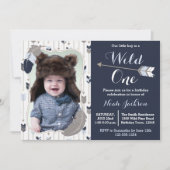 Wild One Tribal First Birthday Blue Photo Invitation (Front)