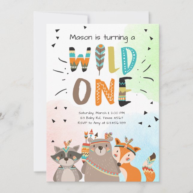 Wild One Tribal First birthday invitation Woodland (Front)