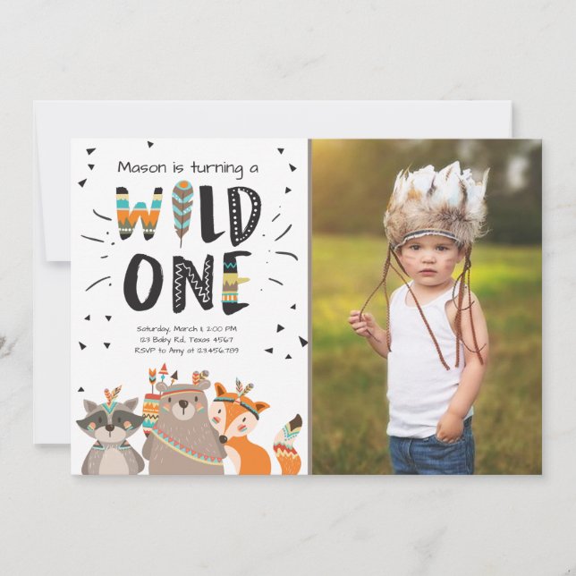 Wild One Tribal First birthday invitation Woodland (Front)