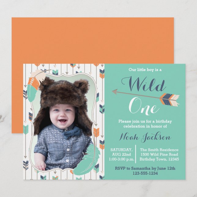 Wild One Tribal First Birthday Photo Invitation (Front/Back)
