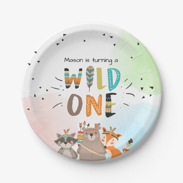 Wild One Tribal Woodland birthday Paper Plates (Front)