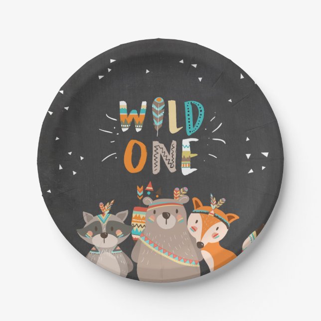 Wild One Tribal Woodland birthday Paper Plates (Front)