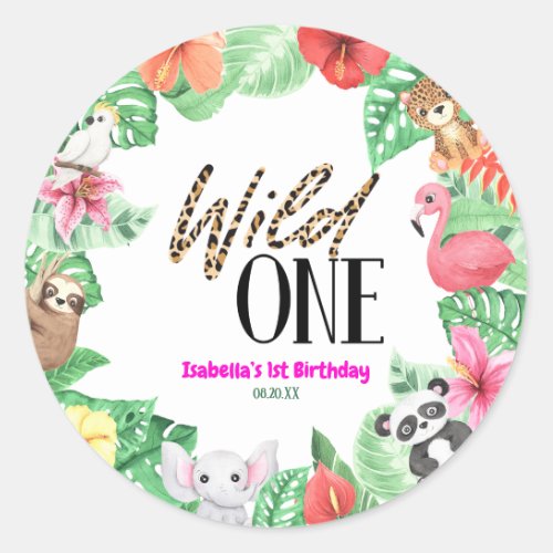 Wild One Tropical Animal 1st Birthday Party Classic Round Sticker