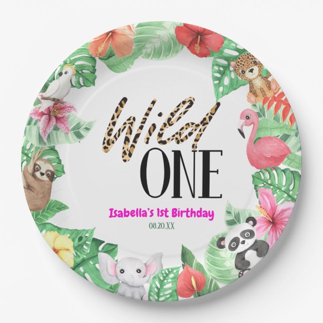 Wild One Tropical Animal 1st Birthday Party Paper Plates (Front)