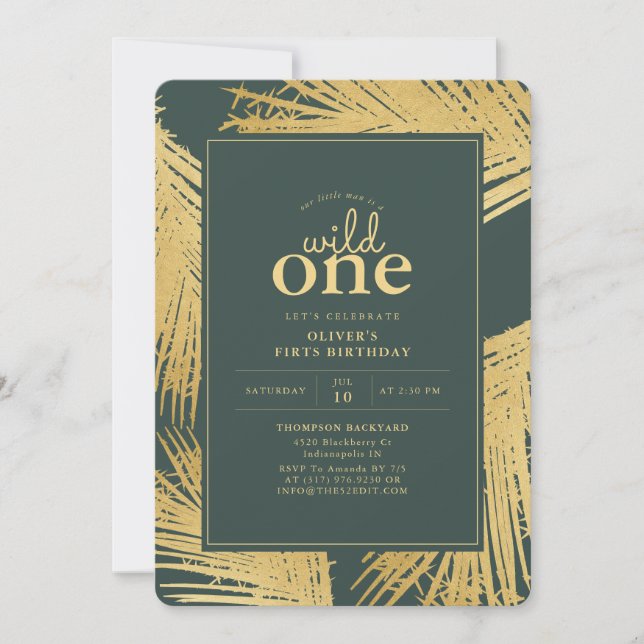 Wild One Tropical Dark Green Birthday Party Invitation (Front)