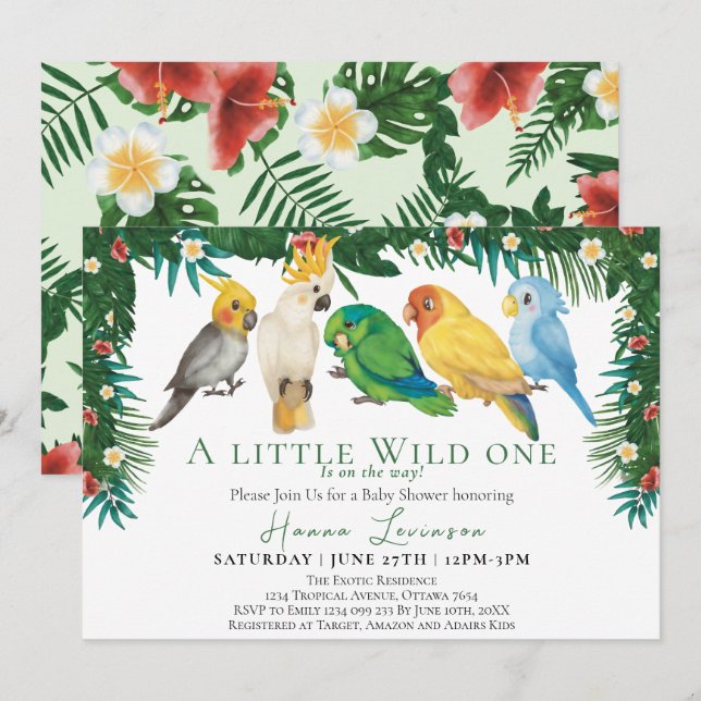 Wild One Tropical Exotic Parrots Baby Shower Invitation (Front/Back)