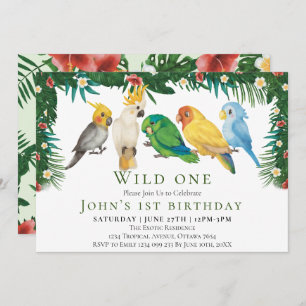 Wild One Tropical Exotic Parrots Boy 1st Birthday Invitation