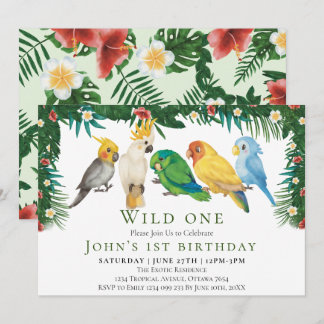 Wild One Tropical Exotic Parrots Boy 1st Birthday Invitation