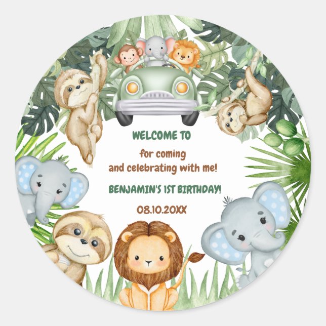 Wild One Tropical Jungle Animals Birthday Classic Round Sticker (Front)