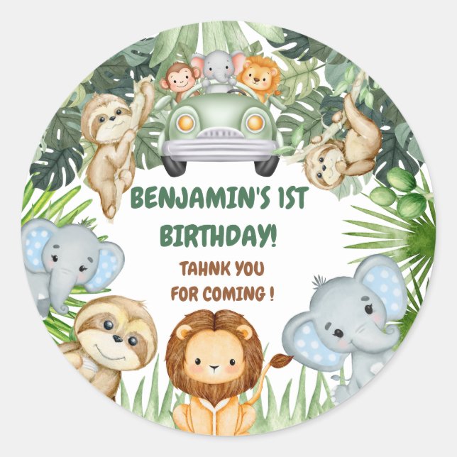 Wild One Tropical Jungle Animals Birthday Classic Round Sticker (Front)