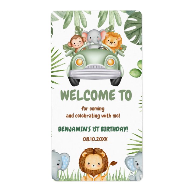 Wild One Tropical Jungle Animals Birthday Label (Front)