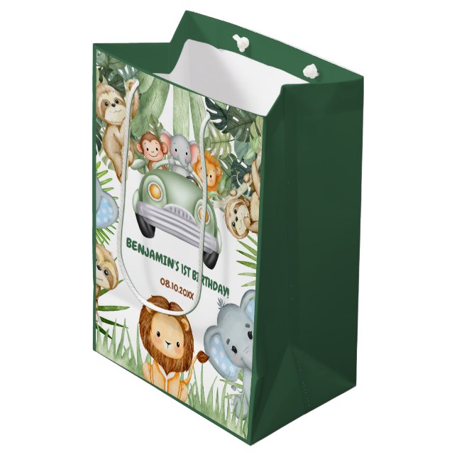 Wild One Tropical Jungle Animals Birthday Medium Gift Bag (Front Angled)