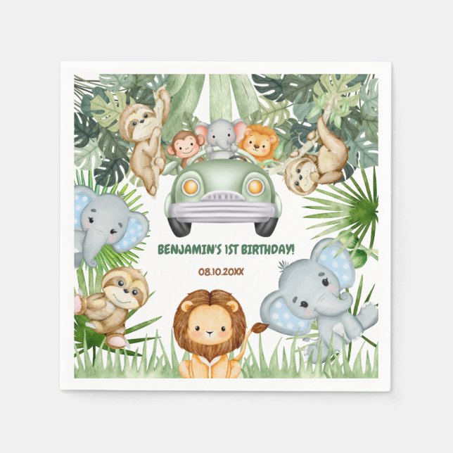 Wild One Tropical Jungle Animals Birthday Napkins (Front)