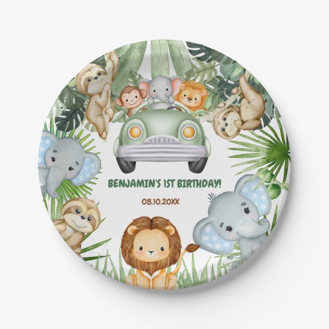 Wild One Tropical Jungle Animals Birthday Paper Plates (Front)