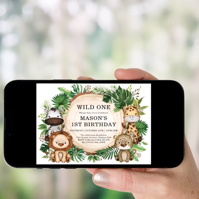 Wild One Tropical Jungle Safari Animals Birthday Invitation (Front Digital)