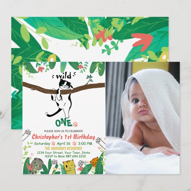 Wild One Tuxedo Kitty Kids 1st Birthday Invitation (Front/Back)