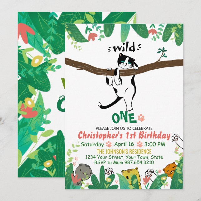 Wild One Tuxedo Kitty Kids 1st Birthday Invitation (Front/Back)